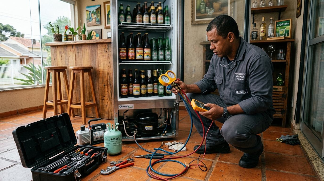 Técnico realizando manutenção de motor de cervejeira em Porto Alegre‑RS