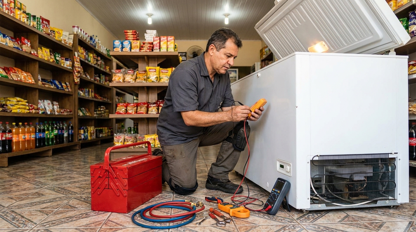 Recarga de gás refrigerante em freezer em atendimento no Centro, Porto Alegre‑RS