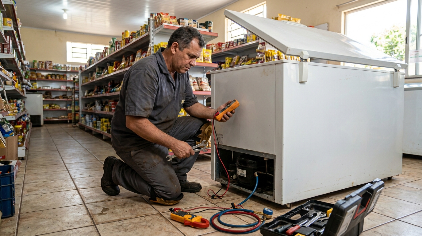 Troca de termostato de freezer em atendimento técnico no Centro, Porto Alegre‑RS